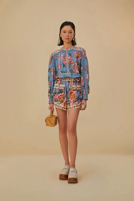 Save More Than Ever!Blue Wonderful Bouquet Euroflax™ Linen Shorts