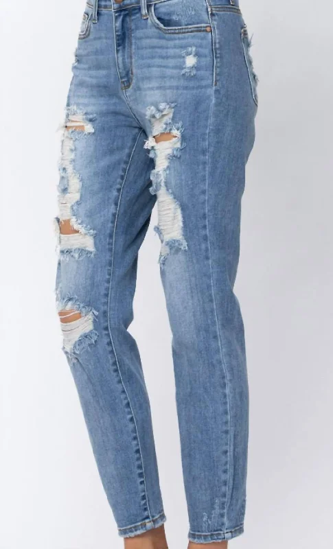 Shop More, Spend Less!Hi Rise Destroyed Boyfriend Jeans In Blue