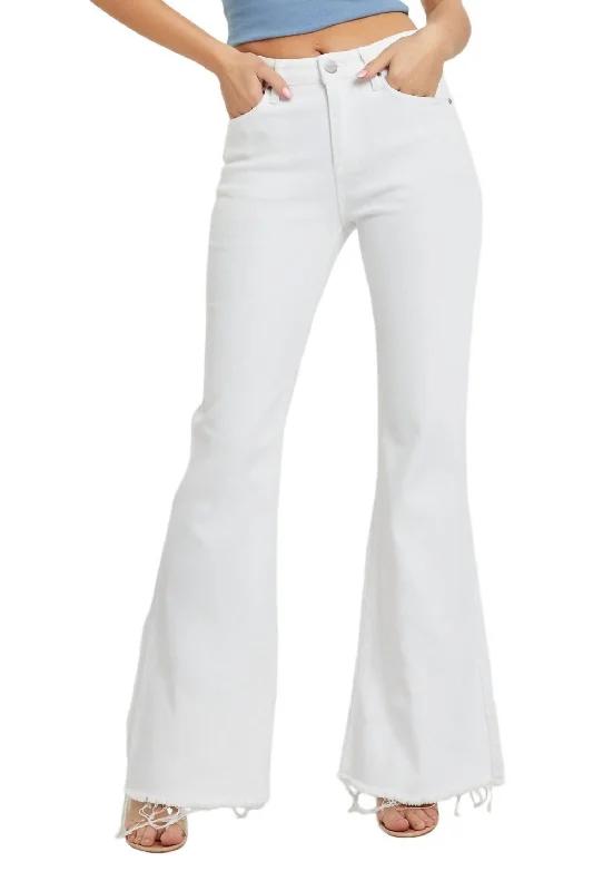Bigger Savings, Better Shopping!Mid Rise Raw Hem Flare Jeans In White