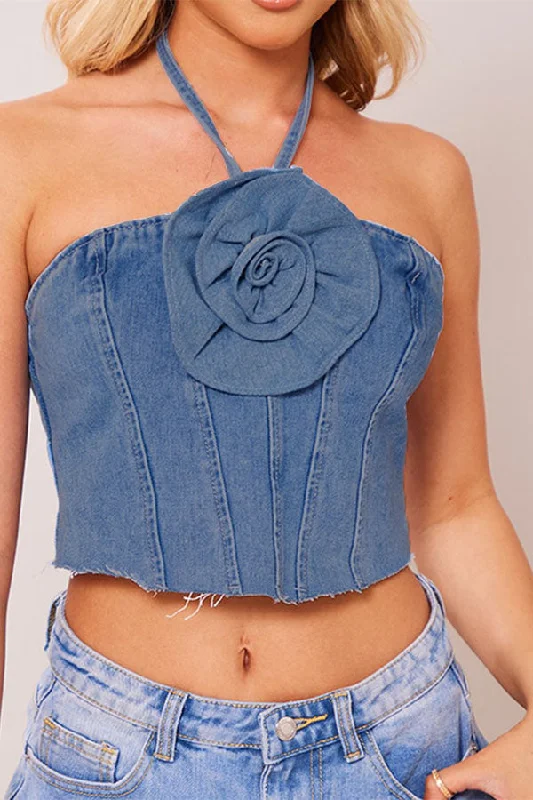 Your Exclusive Offer Awaits!3D Flower Decor Halter Collar Smart Denim Camisole