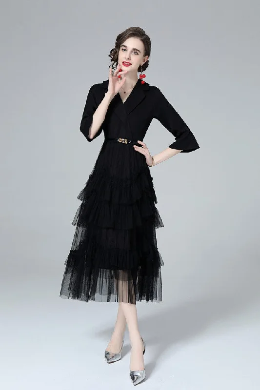 Get More, Spend Less – Shop Now!Black ?ocktail A-line Notch Lapel Elbow Sleeve Midi Ruffled Dress