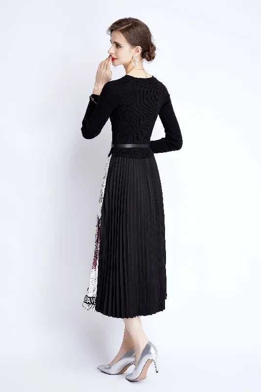 Best Offers of the Month!Black & White Cocktail A-line Crewneck Long Sleeve Maxi Pleated Dress