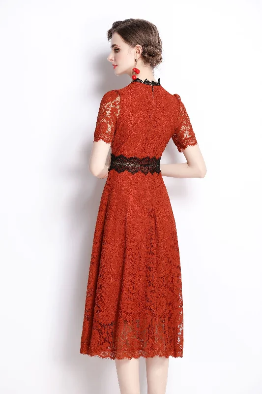 Your Shopping Wish, Our Discount Command!Brown Evening A-line Crewneck Short Sleeve Midi Lace Dress