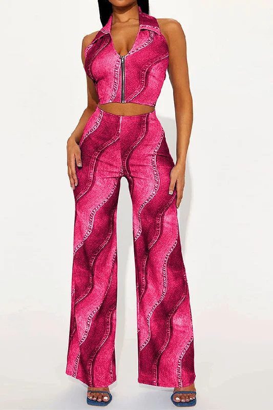 One Click Away from Big Savings!Denim Print Modern Halter Collar Pant Suit