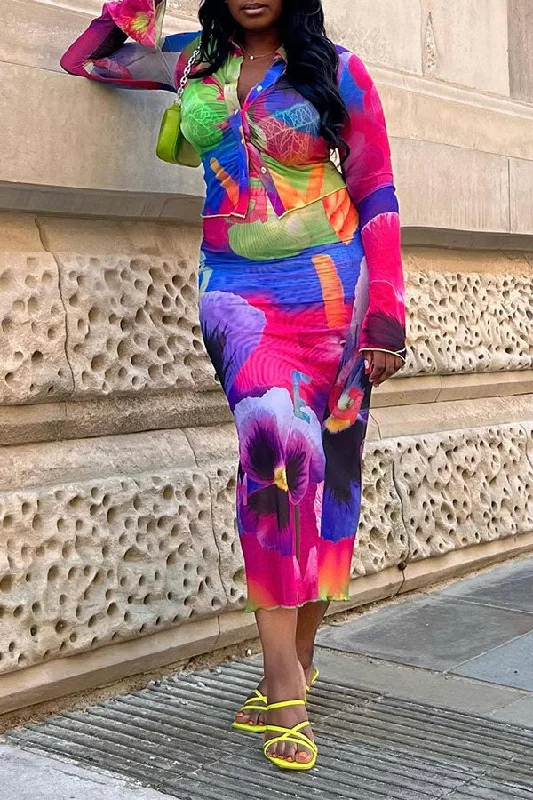 The Best Sale of the Year!Floral Print Pretty See-Through Dress Suit