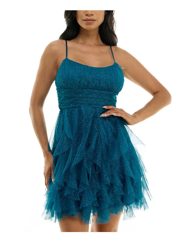 Shop More, Spend Less!Juniors Womens Corkscrew Ruffles Gathered Cocktail and Party Dress