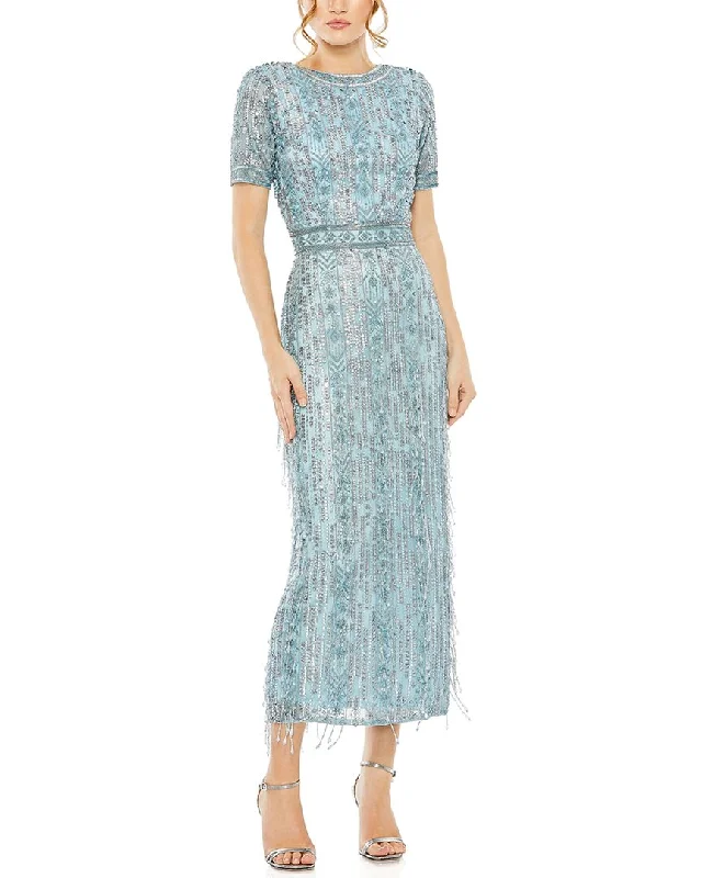 Price Drop Alert!Mac Duggal High Neck Crystal Fringe Column Dress