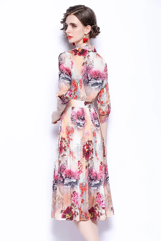 Limited Time Offer!Multicolor Day A-line Shirt Colar Elbow Sleeve Below Knee Printed Dress