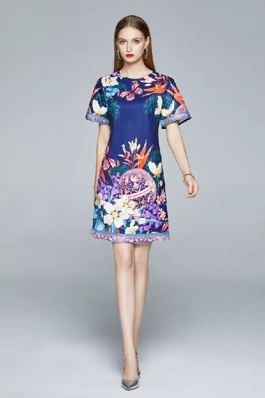 Your Shopping Wish, Our Discount Command!Navy & Multicolor floral print Day A-line Crewneck Short Sleeve Short Printed Dress