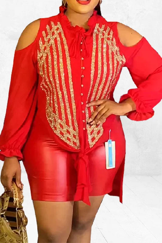Savings You Can’t Ignore!Patchwork Glittery Cold Shoulder Irregular Pant Suit