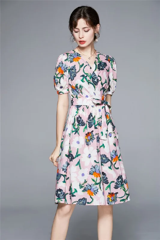 One Day Only – Huge Savings!Pink & Floral print Day A-line V-neck Short Sleeve Above Knee Printed Dress