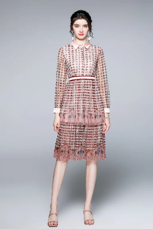 Get More, Spend Less – Shop Now!Pink & Wine red Day A-line Shirt Colar Long Sleeve Knee Printed Dress