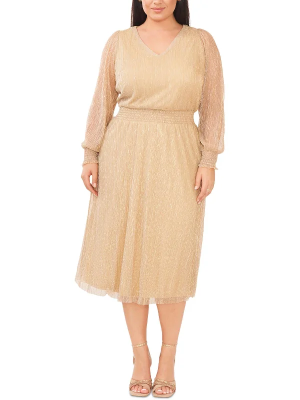 Limited Time Offer!Plus Womens Metallic Midi Cocktail and Party Dress