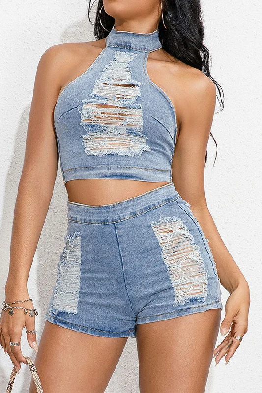 Get the Best for Less!Ripped On-trend Denim Pant Suit
