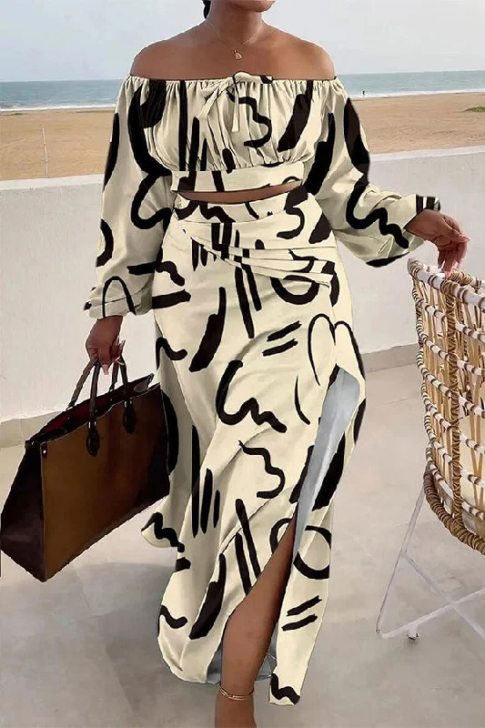 Shop Today, Save Tomorrow!Ripple Print Feminine High Split Skirt Suit