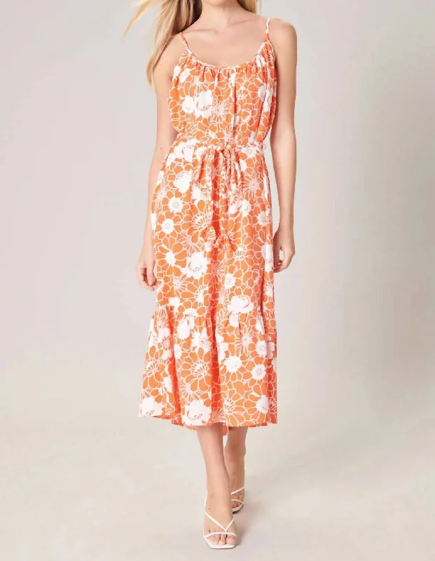 Price Drops You’ll Love!Apricot Floral Scoop Neck Midi Dress In Orange/white