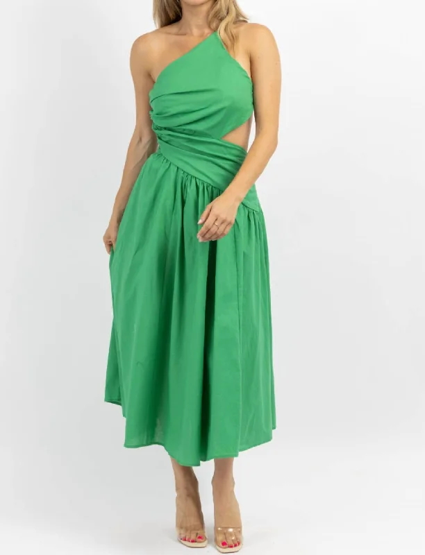 Your Chance to Save is Now!Asymmetric Ruche Midi Dress In Palm Green