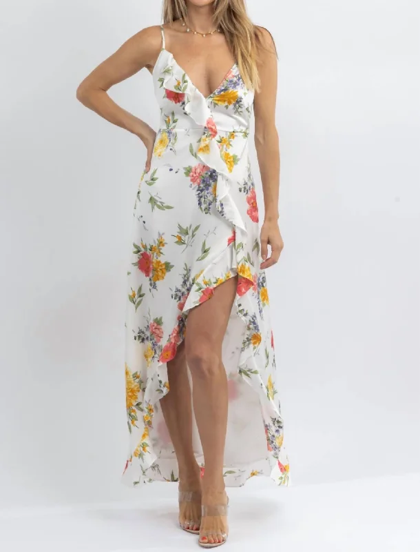 Limited Time Offer!Chloe Multifloral Slit Midi Dress In White