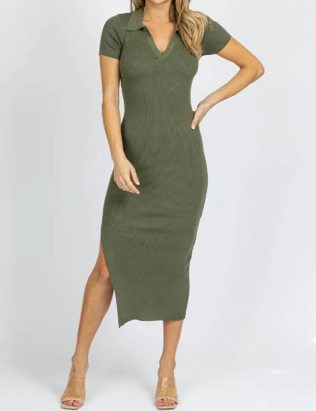 The Sale You’ve Been Waiting For!Collared Backless Knit Midi Dress In Olive