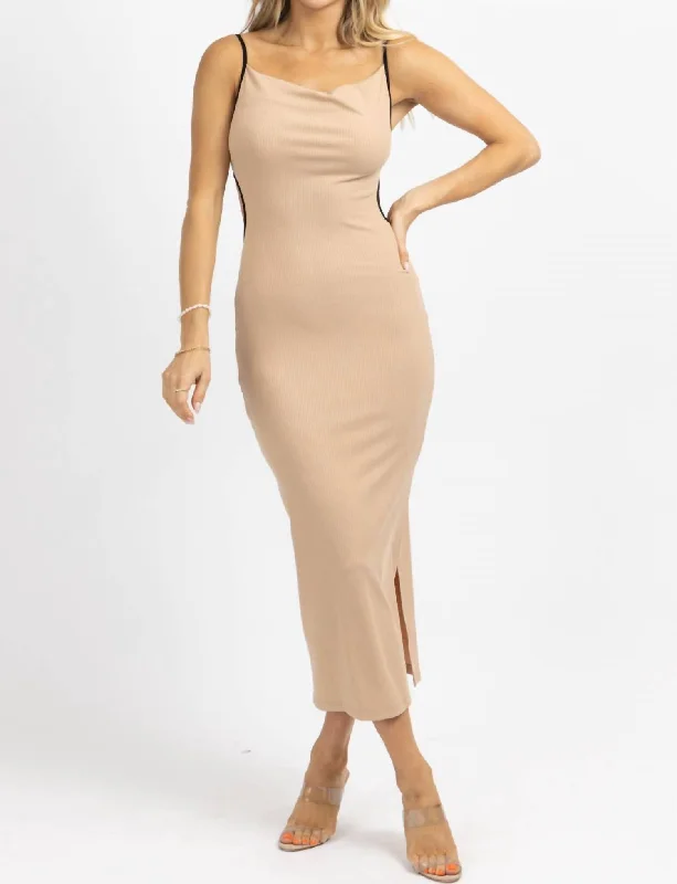 Amazing Prices You Can’t Resist!Contrast Ribbed Midi Dress In Taupe + Black