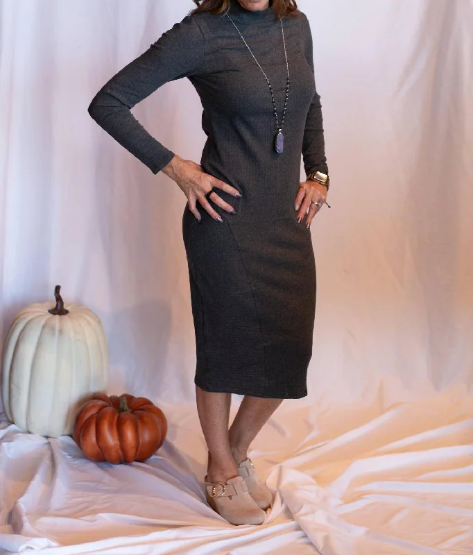 Save More Than Ever!Daria Mock Neck Ribbed Midi Dress In Charcoal