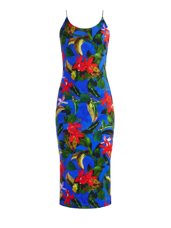 Mega Sale Happening Now!Delora Spaghetti Strap Fitted Midi Dress In Tropical Sunrise Sapphire