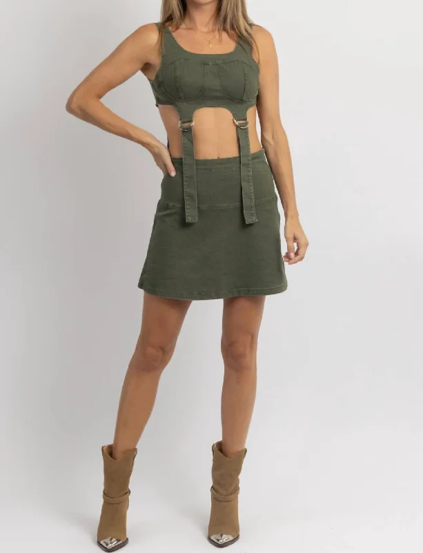 Your Chance to Save is Now!Front Buckle Denim Mini Dress In Rebel Olive