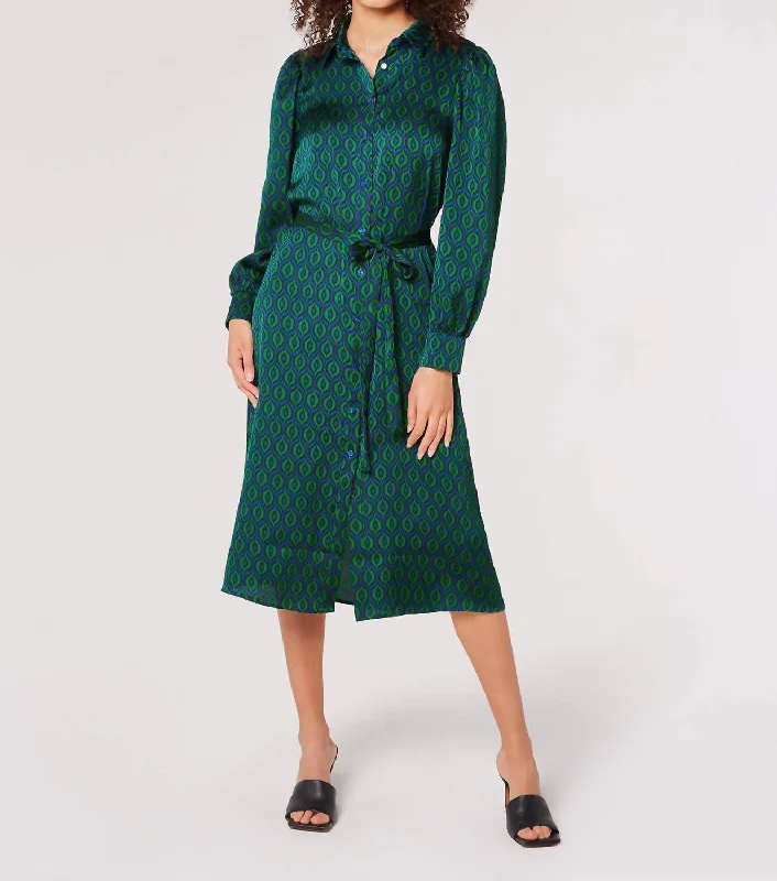 Biggest Sale of the Season!Geometric Satin Shirt Midi Dress In Blue