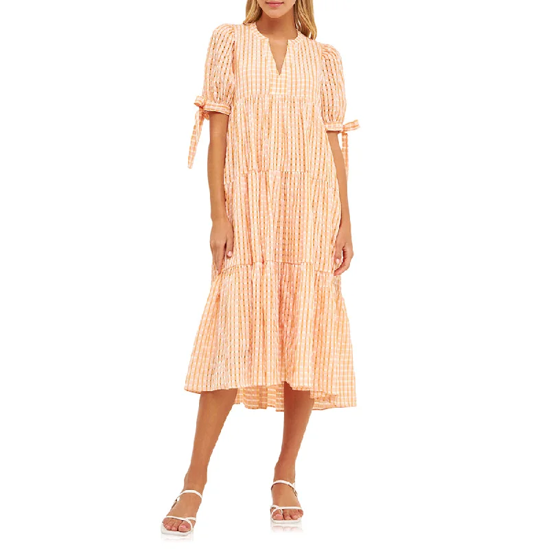 Save Money, Shop Happy!Gingham Tiered Midi Dress with Bow Tie Sleeves