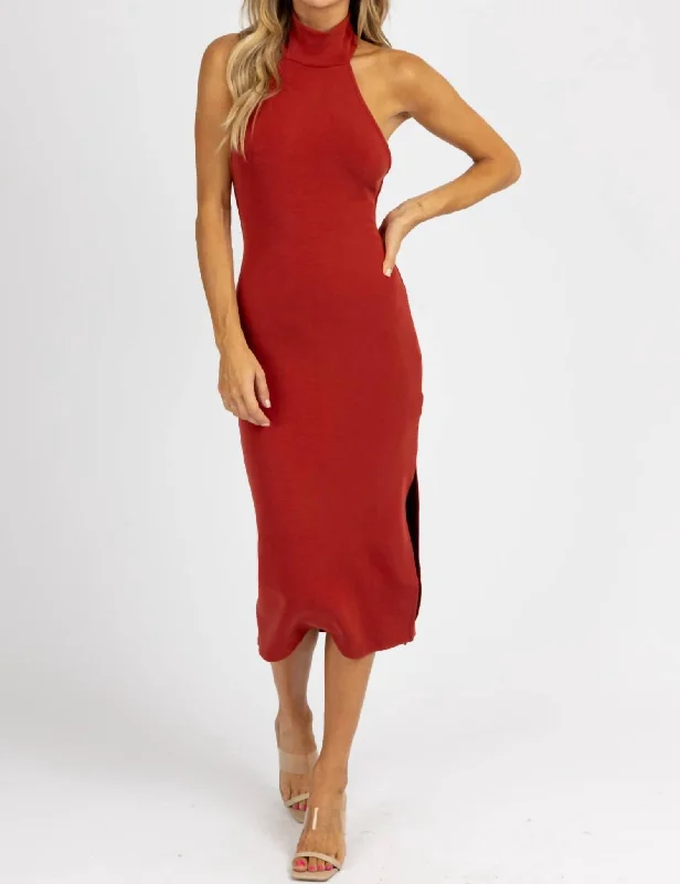 Shop Early, Save Big!Halter Mock Neck Slit Midi Dress In Wine