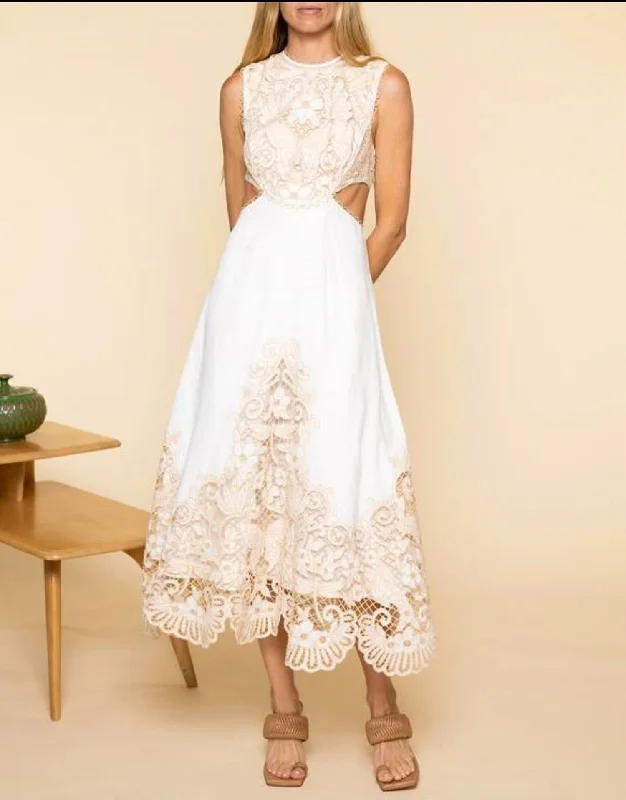One Day Only – Huge Savings!Jeannie Embroidered Yoke Midi Dress in Ivory