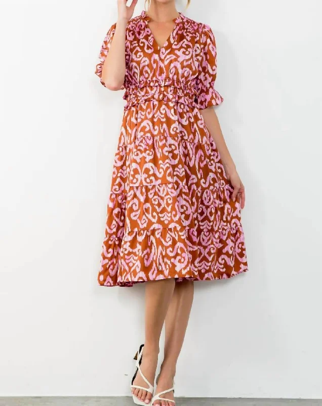 Get It Before It’s Gone!Kai Short Sleeve Tiered Print Midi Dress In Pink