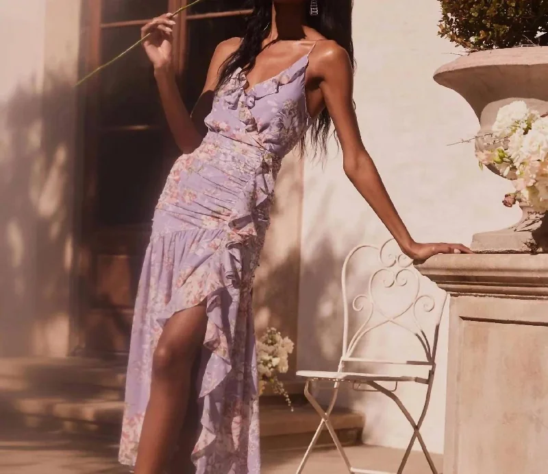 The Best Sale of the Year!Kiana Floral Ruched Midi Dress In Lavender Multi Floral
