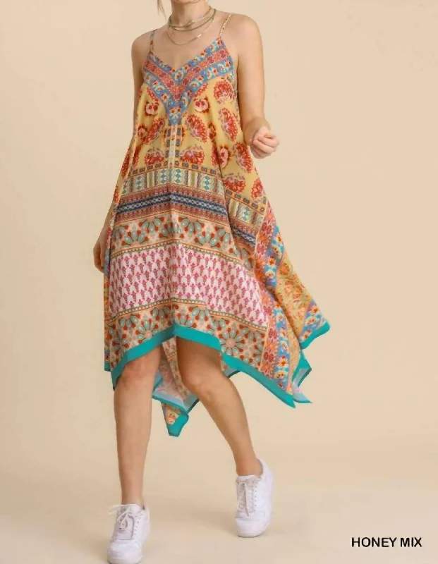 Massive Price Cuts!Mixed Scarf Print Spaghetti Strap Midi Dress With Shark Bite Hem In Honey Mix