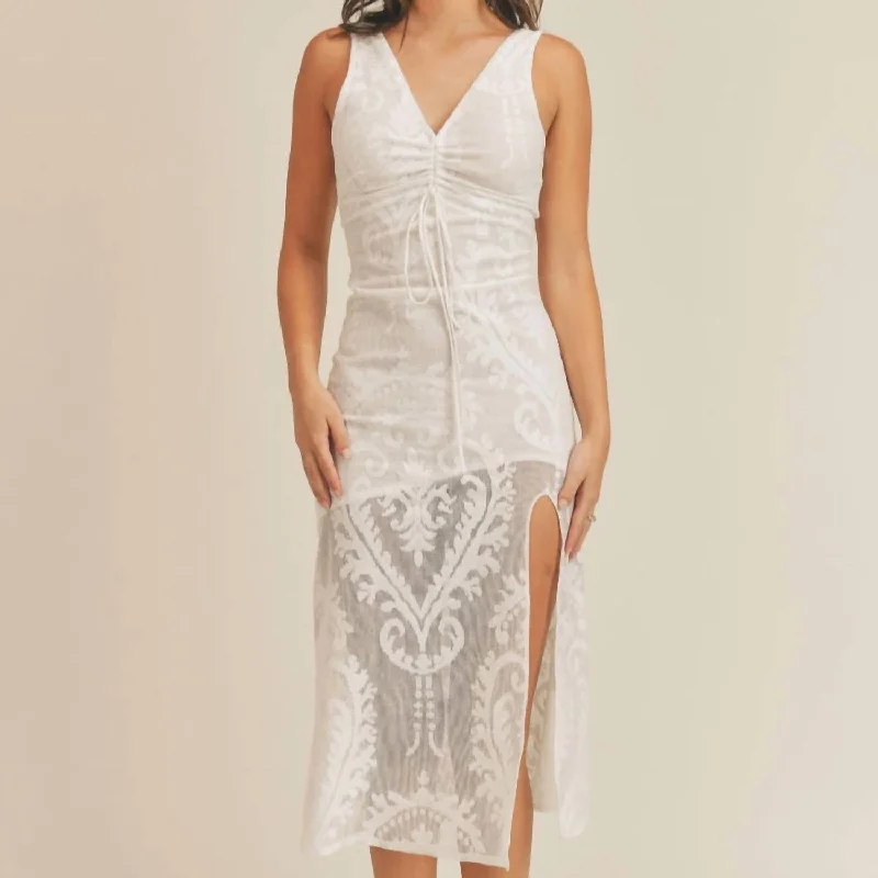 Lowest Prices Guaranteed!Pearly Paige Ruched Detail Lace Midi Dress In White