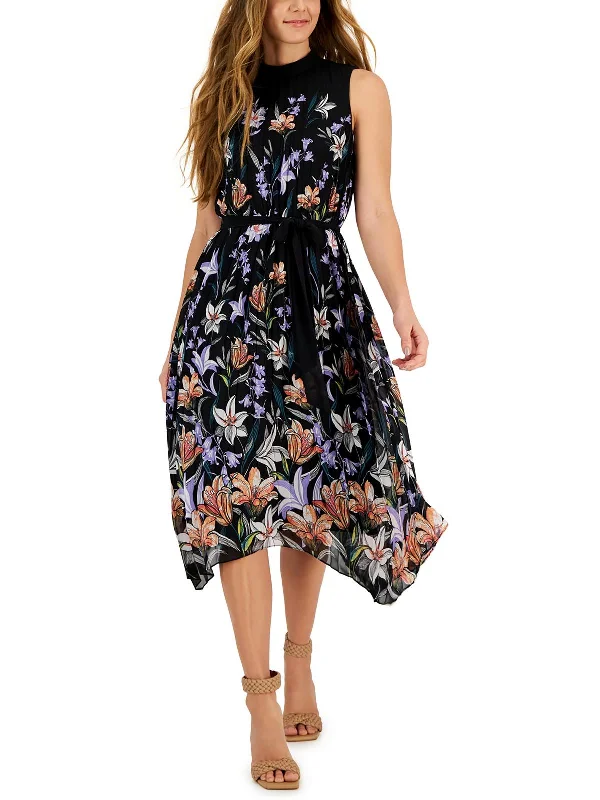 Your Shopping Spree Starts Here!Petites Sunburst Womens Floral Pleated Midi Dress