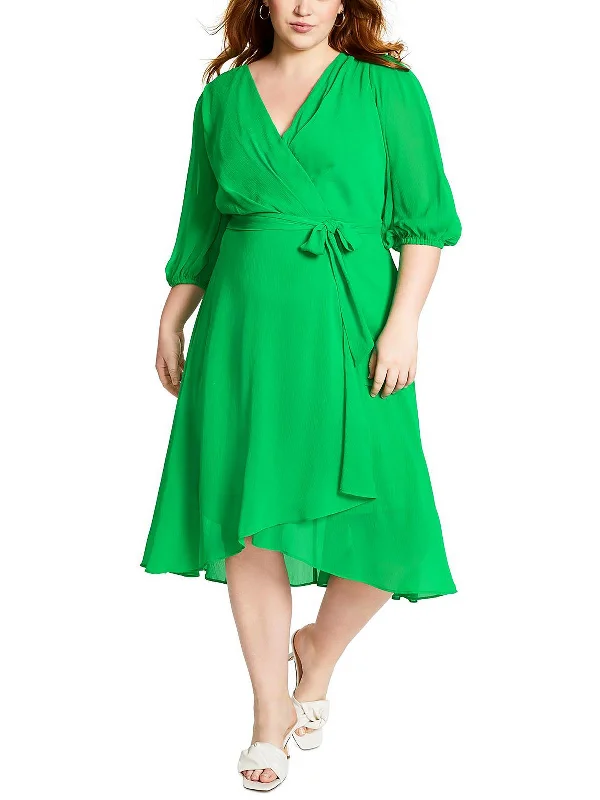 Get More for Less!Plus Womens Chiffon Faux Wrap Midi Dress