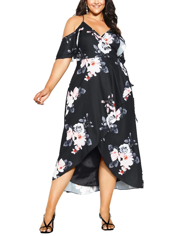 Get More for Less!Plus Womens Floral Print Faux Wrap Midi Dress