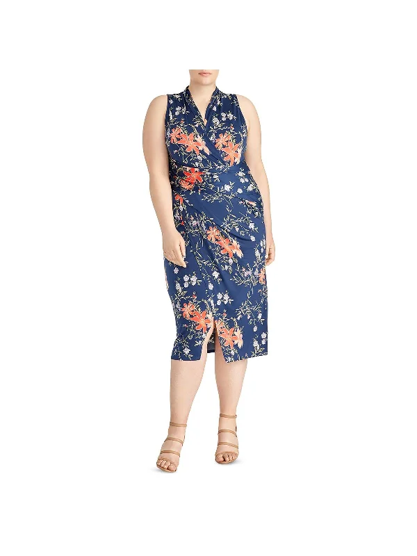 Savings You Can’t Ignore!Plus Womens Floral Print Surplice Midi Dress