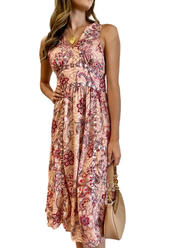 Save More with Every Purchase!Print Sleeveless Midi Dress In Pink Mix