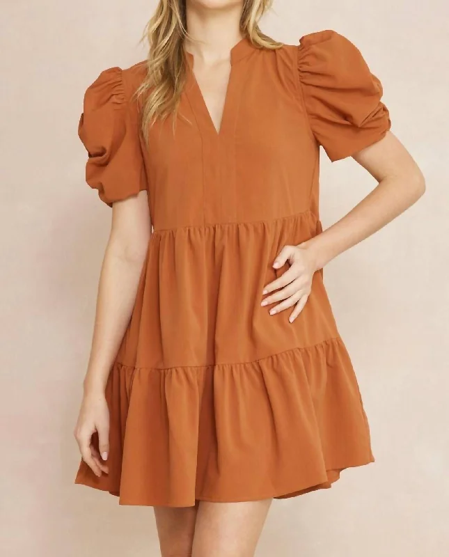 Every Deal is a Steal!Puff Sleeve Mini Dress In Cognac