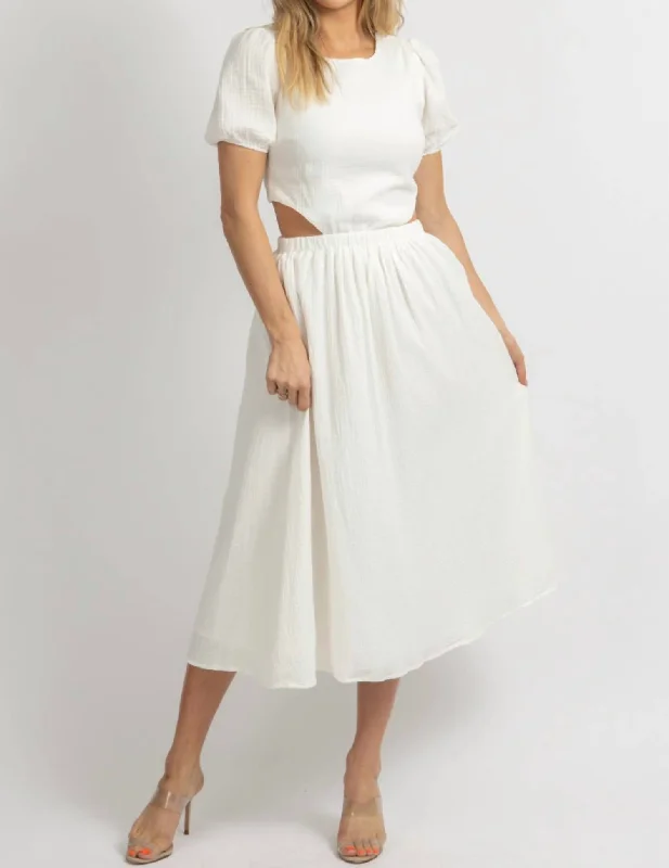 Save Up to 50% Off!Puff Sleeve Waist Cutout Midi Dress In Ivory