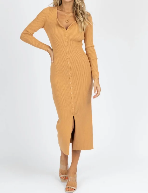 Best Offers of the Month!Ribbed Knit Button Front Midi Dress In Camel