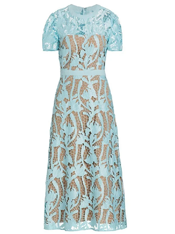 Limited Deals, Unlimited Savings!Self Portrait Women Light Blue Short Sleeve Round Neckline Lace Midi Dress Limited Deals, Unlimited Savings!Self Portrait Women Light Blue Short Sleeve Round Neckline Lace Midi Dress