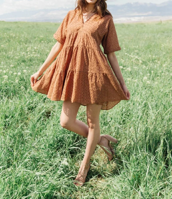 Buy One, Get One Free!Sepia Eyelet Tiered Babydoll Mini Dress In Clay