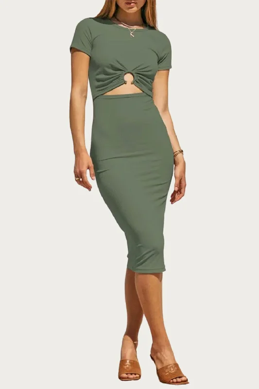 The Best Deals Won’t Wait!Short Sleeve Solid Rib Midi Dress In Moss Green