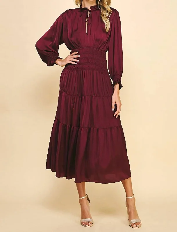 Don’t Wait – Shop Today!Smocked Tiered Midi Dress In Deep Wine