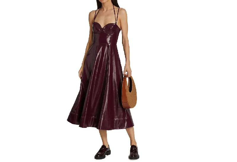 Price Drop Alert!Staud Women Abstract Plum Burgundy Corset Faux Leather Midi Dress