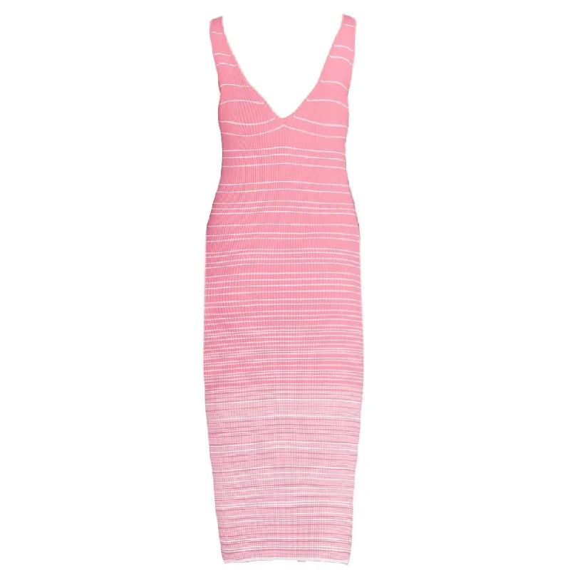 Everything Must Go!Staud Women Dana Coral Pink White Striped Dana Ribbed Knit Midi Dress