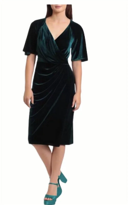 Unlock Huge Savings Now!Stretch Velvet Wrap Midi Dress In Hunter Green